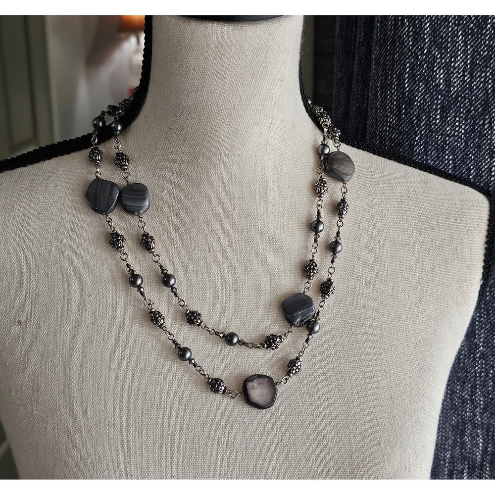 Brighton Utopia Long Necklace Gray MOP Discs Crystal Beads Silver